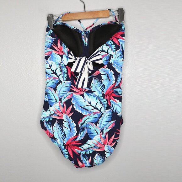 Tommy Bahama Palms Of Paradise Bandeau One-Piece Swimsuit Ruched Tie Back Blue - Picture 7 of 14